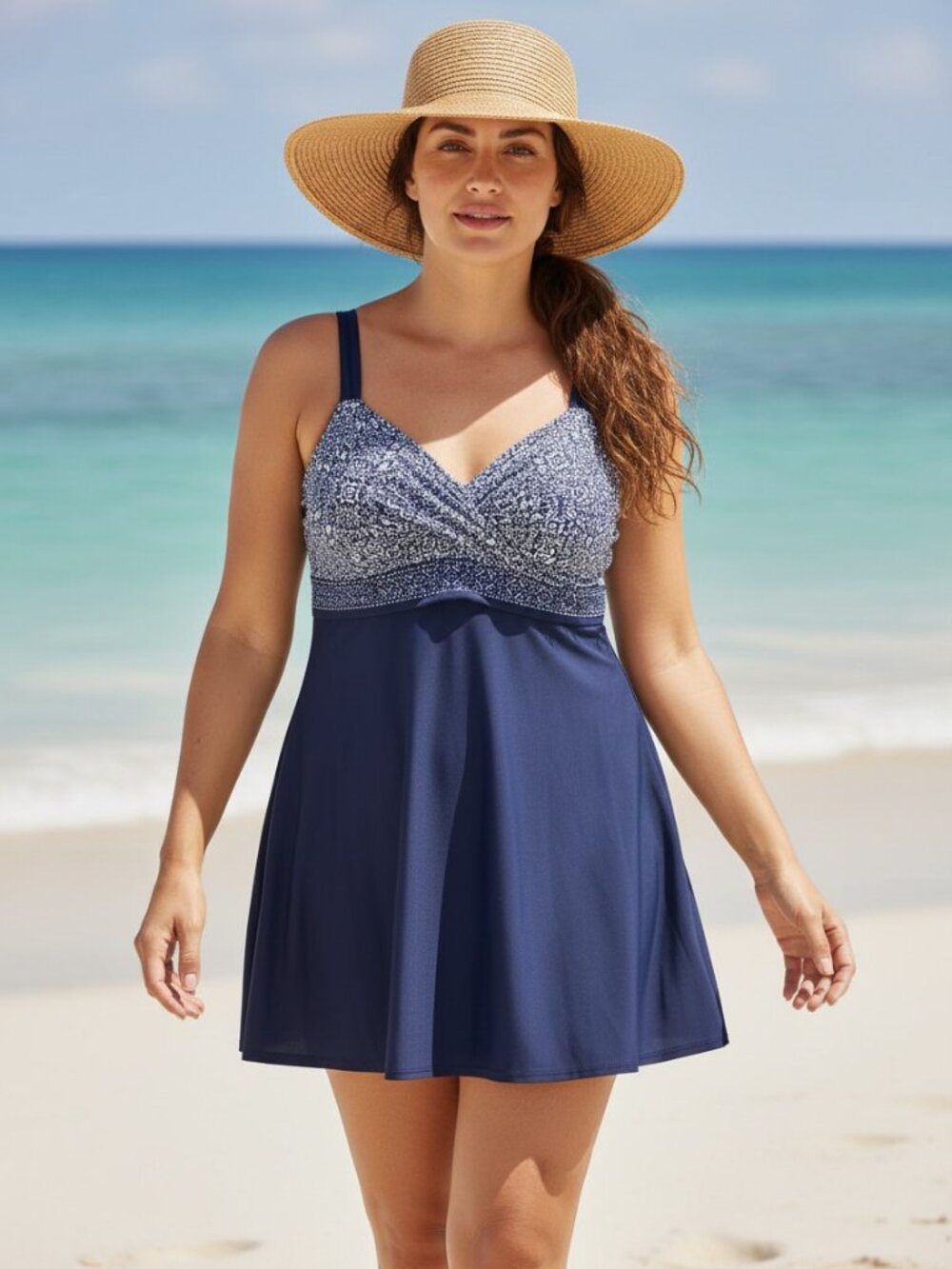 Lands' End Navy and White Floral Underwire Bra Swim Dress, 18